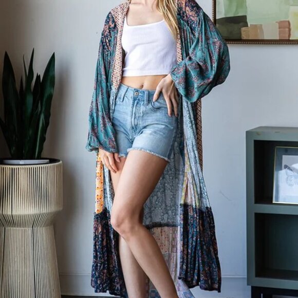 086 Boutique Patchwork Longline Duster NWOT Size Large - Picture 2 of 13